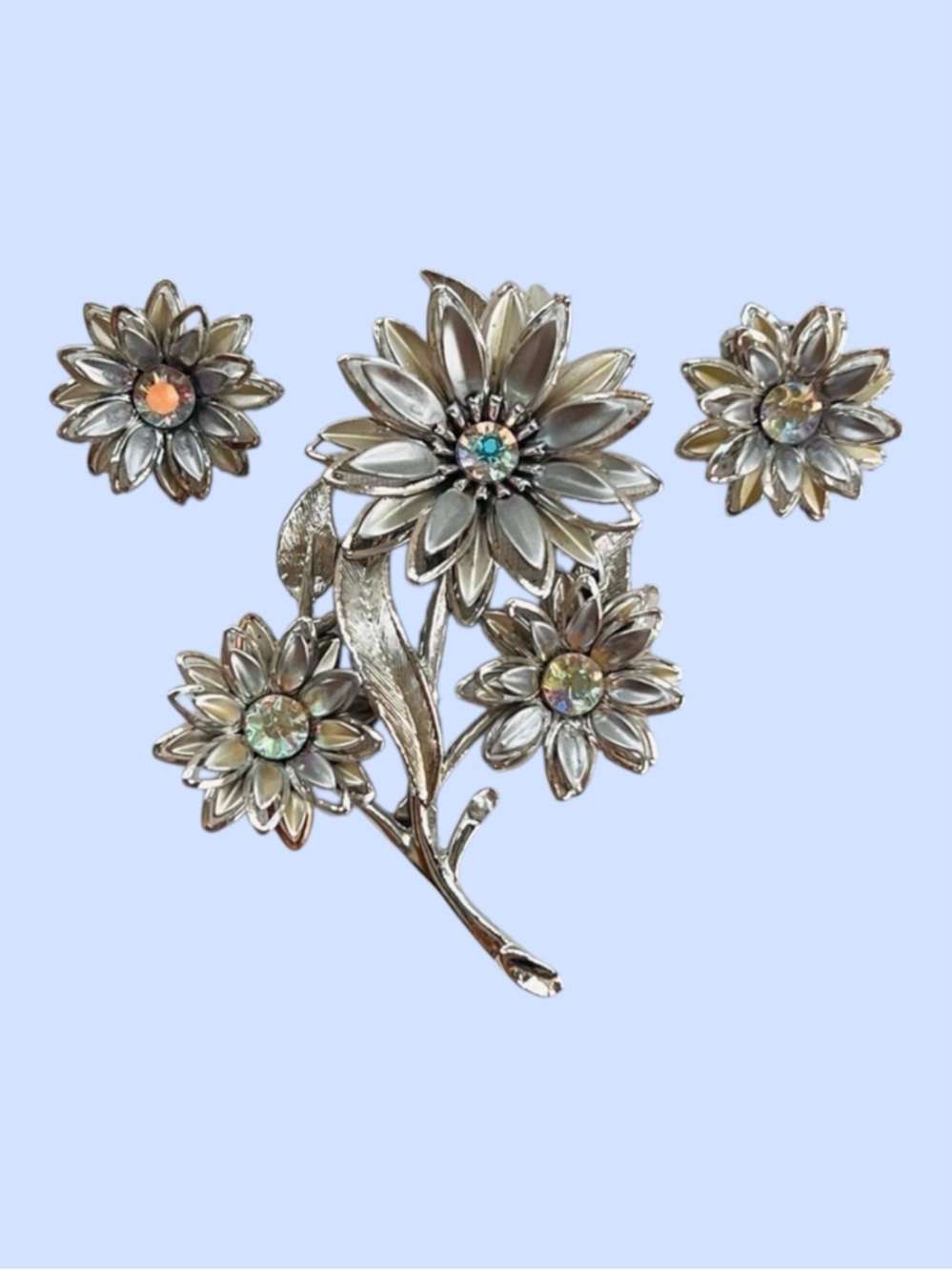 Brooch &‎ Clip-on Earrings Estate Vintage Silver-tone Rhinestones GUC 💥SALE💥